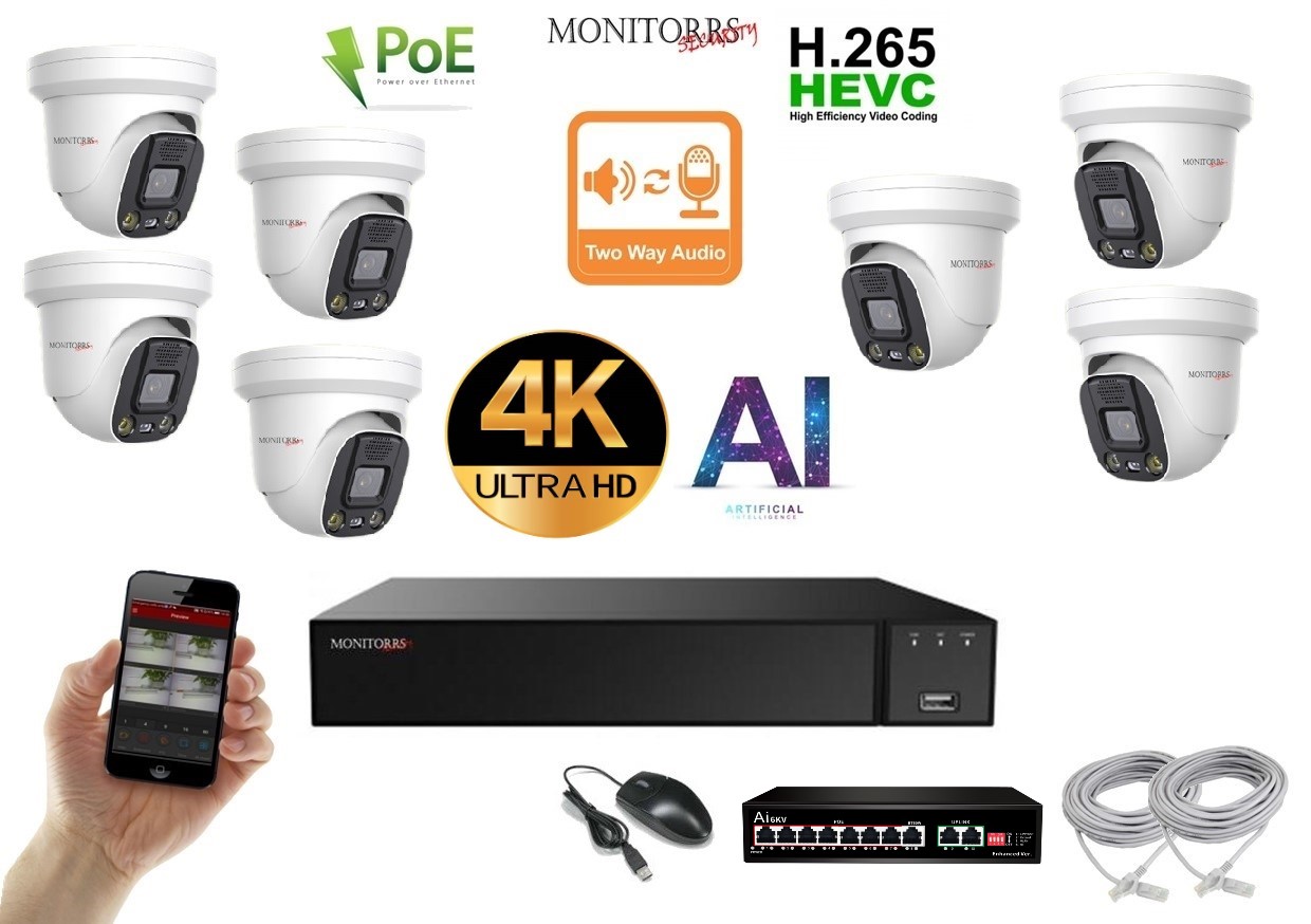Monitorrs Security AI Aktív IP 7 kamerový set so switchom 8 Mpix WDome (6077K7B)